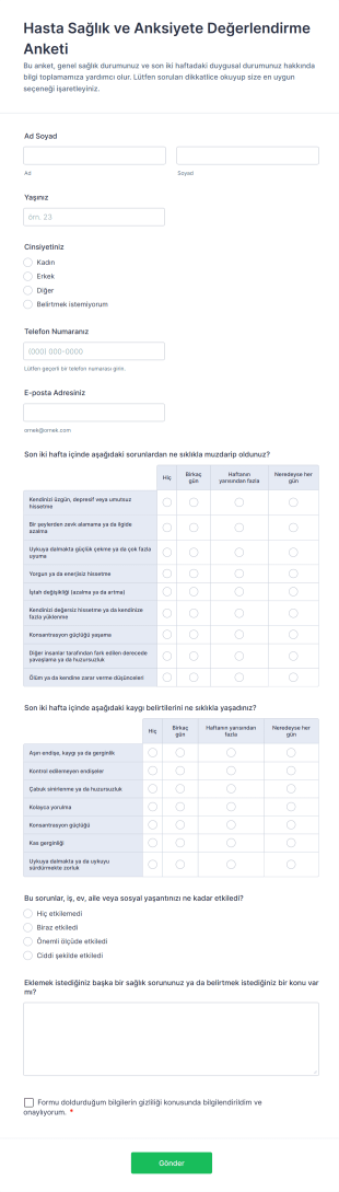Hasta Sağlık Ve Anksiyete Değerlendirme Anketi Form Şablonu