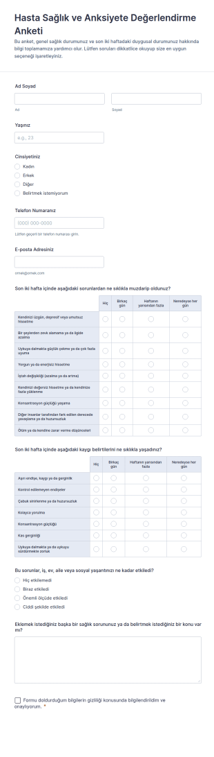 Hasta Sağlık Ve Anksiyete Değerlendirme Anketi Form Şablonu