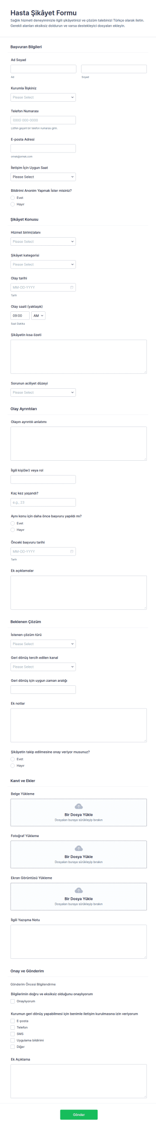 Hasta Şikayetleri Anketi Form Şablonu