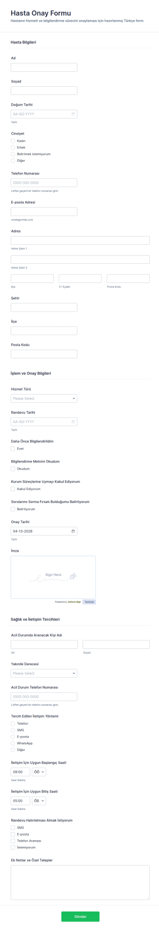 Hasta Sözleşme Form Şablonu