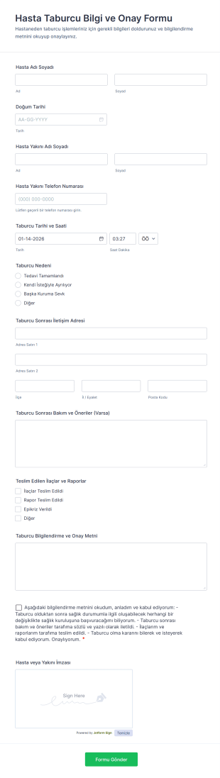 Hasta Taburcu Bilgi Ve Onay Form Template