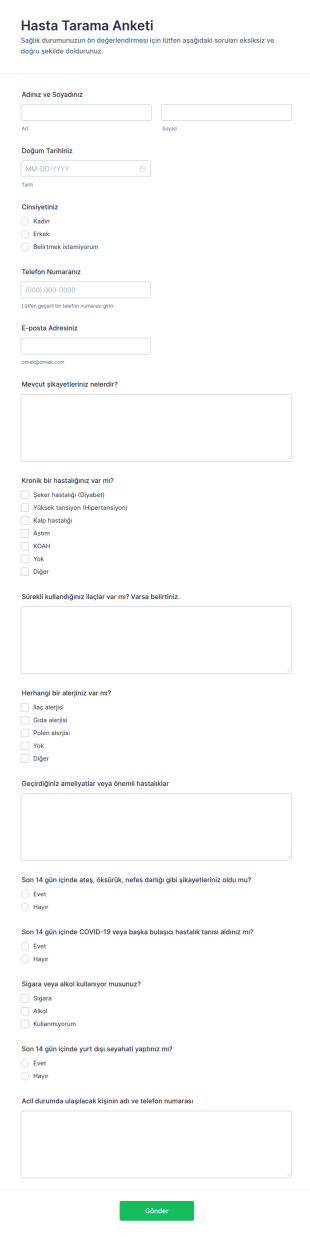 Hasta Tarama Anketi Form Şablonu