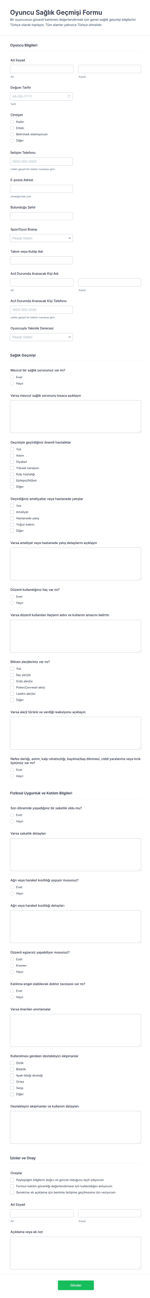 Hasta Tıbbi Geçmişi Form Şablonu