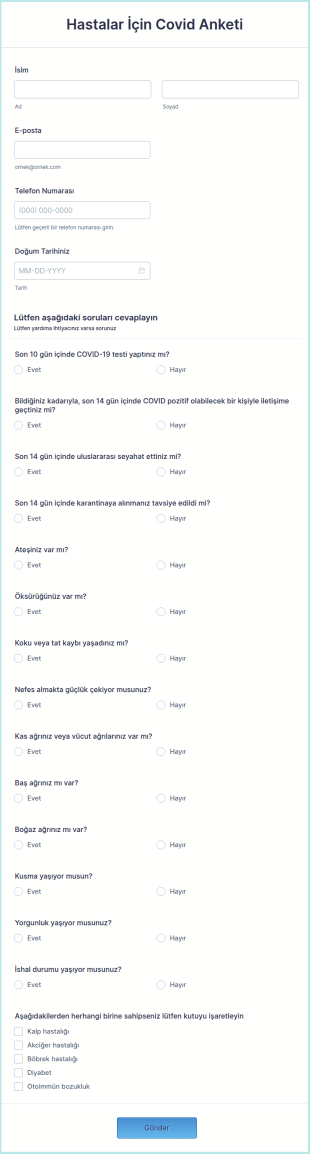 Hastalar İçin Covid Anketi Form Şablonu