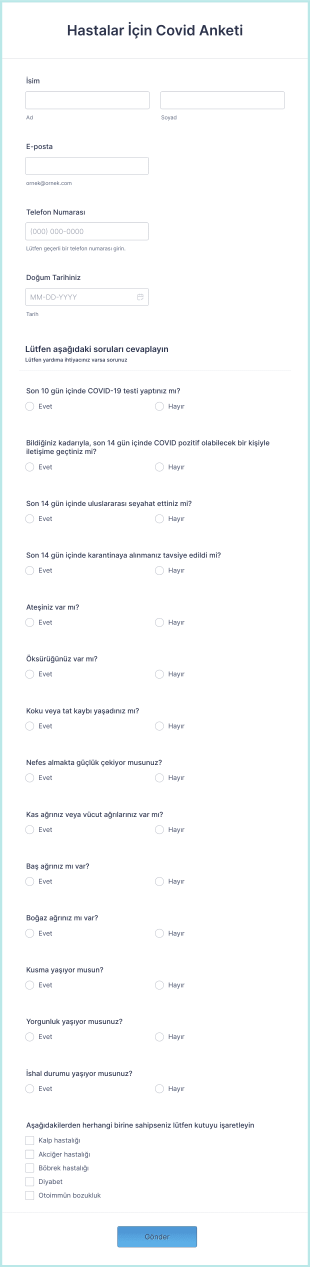 Hastalar İçin Covid Anketi Form Şablonu