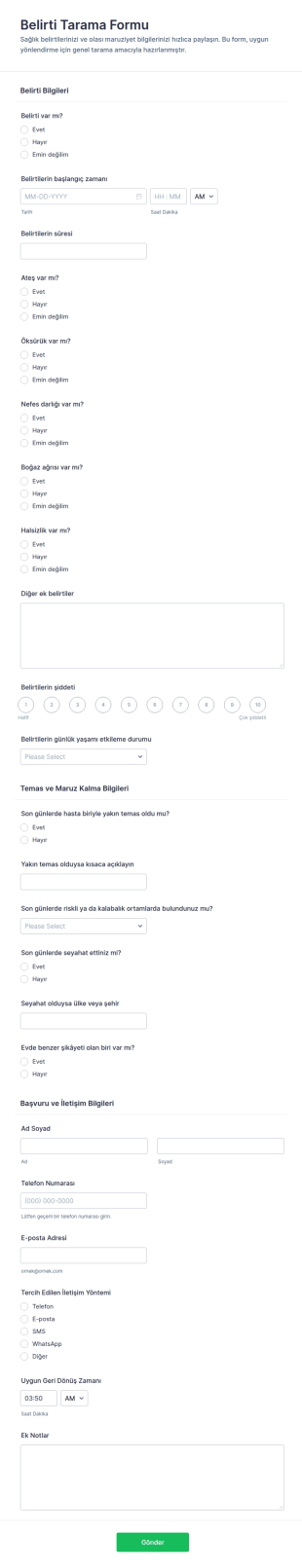 Hastalık Belirti Taraması Anketi Form Şablonu
