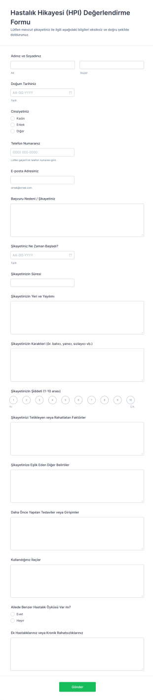 Hastalık Hikayesi (HPI) Değerlendirme Form Şablonu