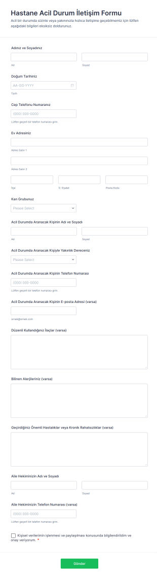 Hastane Acil Durum İletişim Form Şablonu