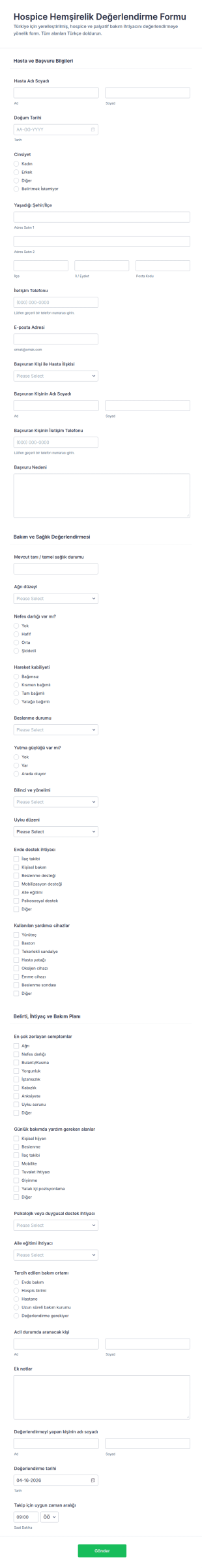 Hastane Bakımı Değerlendirme Anketi Form Şablonu
