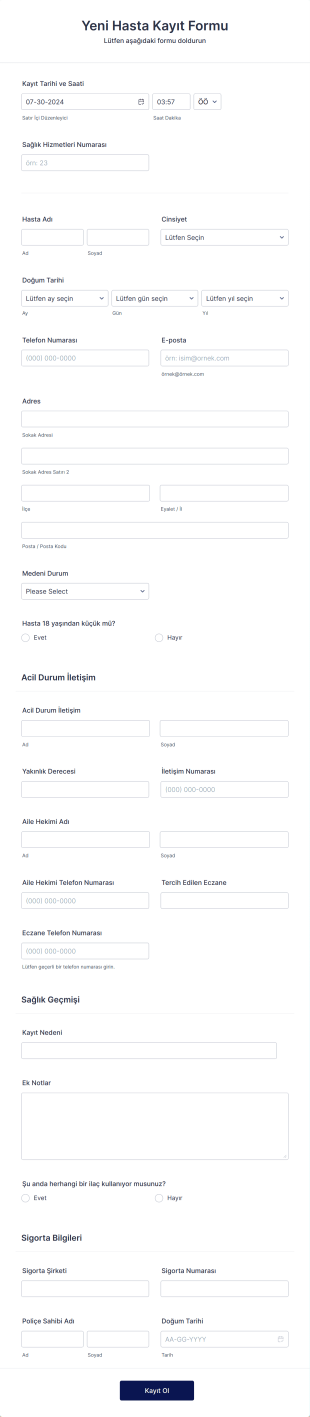 Hastane Hasta Kayıt Form Template