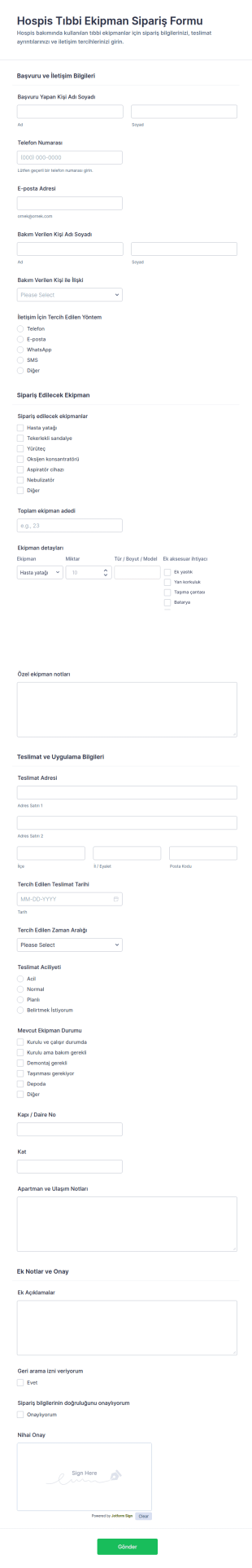 Hastane Medikal Ekipman Sipariş Form Şablonu