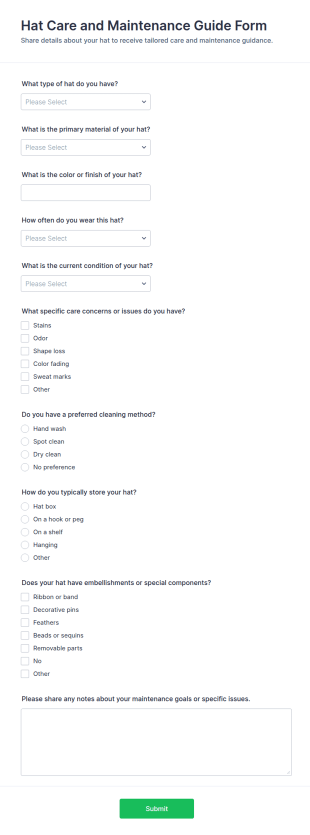Hat Care And Maintenance Guide Form Template