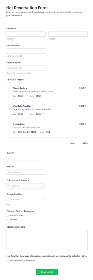 Hat Reservation Form Template