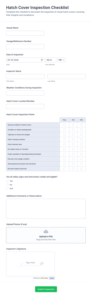 Hatch Cover Inspection Checklist Form Template