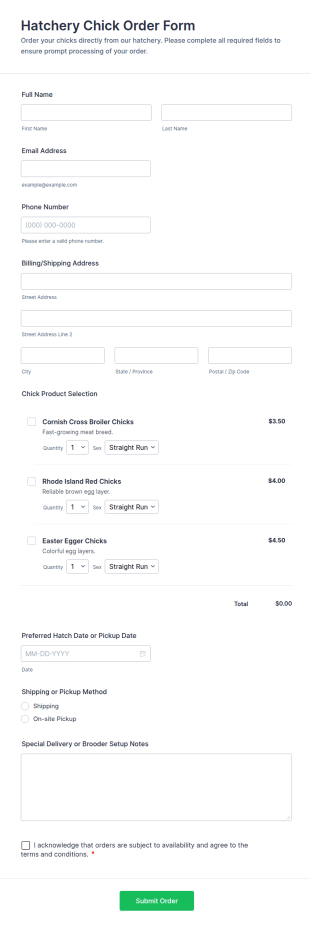Hatchery Chick Order Form Template