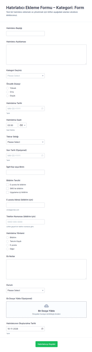 Hatırlatıcı Ekleme Form Şablonu