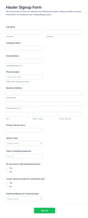 Hauler Signup Form Template