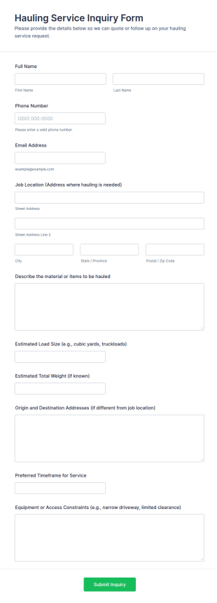 Hauling Service Inquiry Form Template