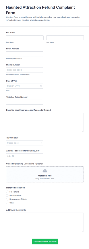 Haunted Attraction Refund Complaint Form Template