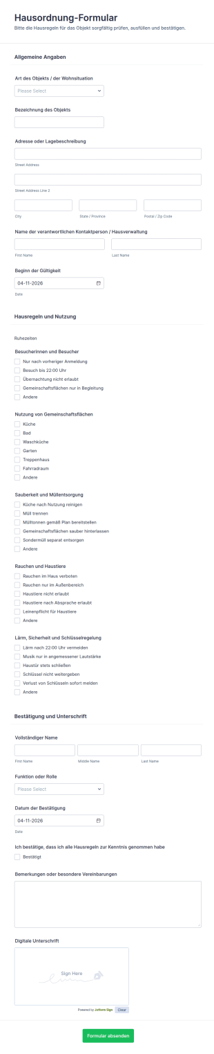 Hausregeln Vereinbarung Formular