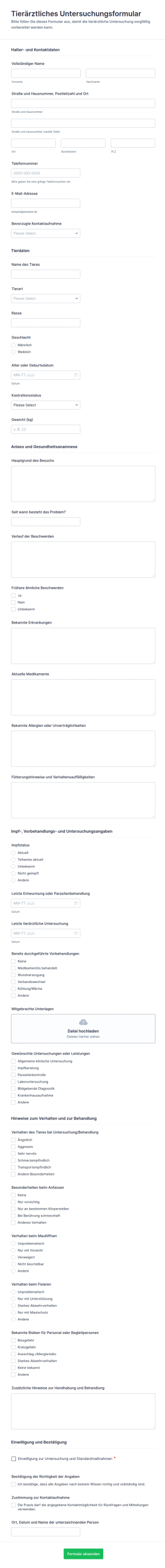 Haustier Prüfungsformular