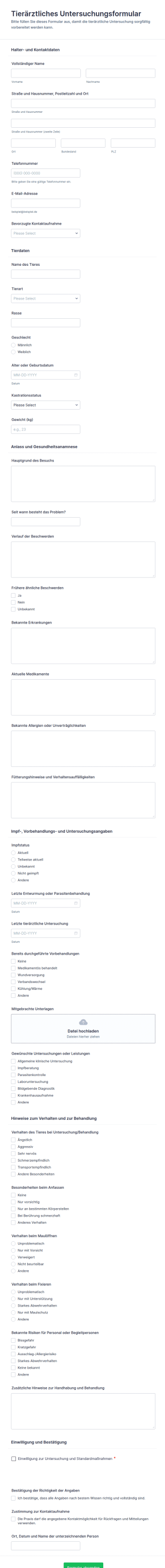 Haustier Prüfungsformular