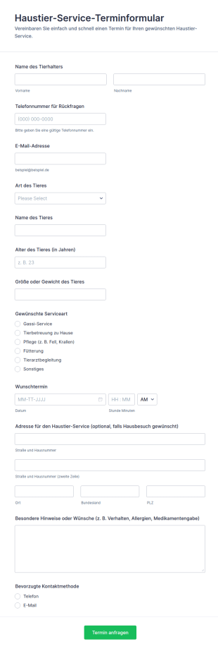 Haustier Service Terminvereinbarung Formular 🐾