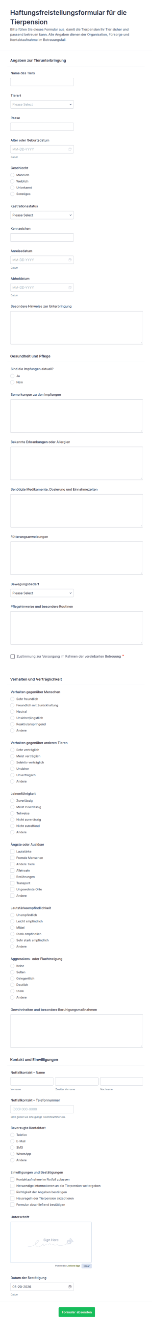 Tierpensions Einverständnis Und Haftungsverzichtsformular