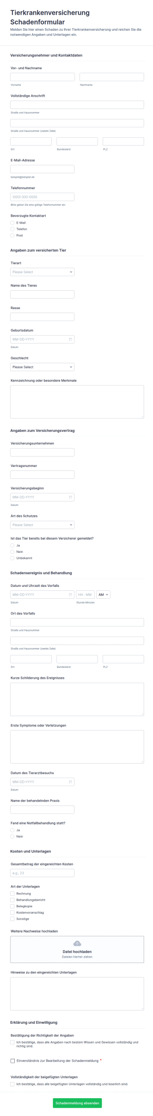 Haustier Versicherungsanspruchsformular