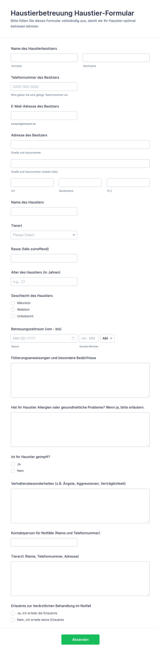 Haustierbetreuung Haustier Formular