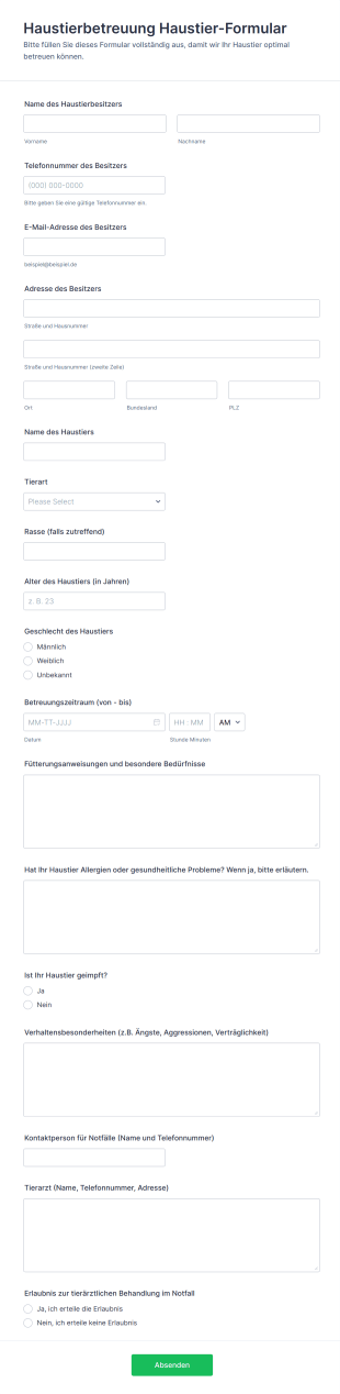 Haustierbetreuung Haustier Formular