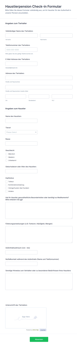 Haustierpension Check In Formular