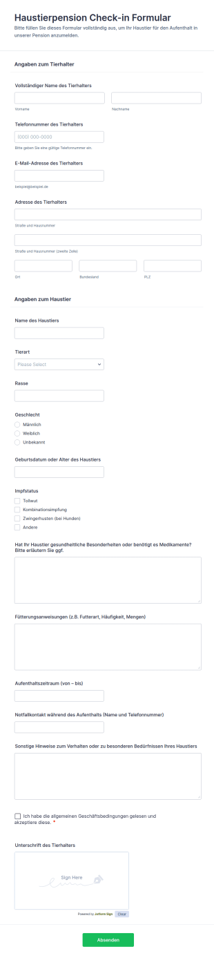Haustierpension Check In Formular