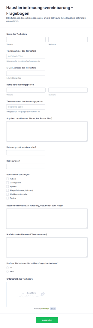Haustierpflege Servicevereinbarung Formular