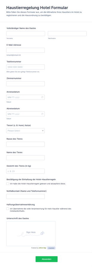 Haustierregelung Hotel Formular