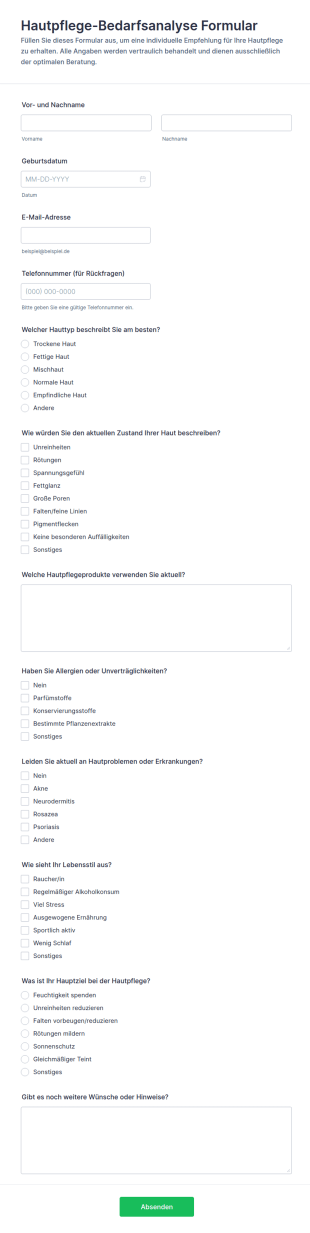 Hautpflege Bewertungsformular