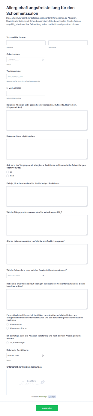 Hautsalon Allergie Haftungsausschluss Formular