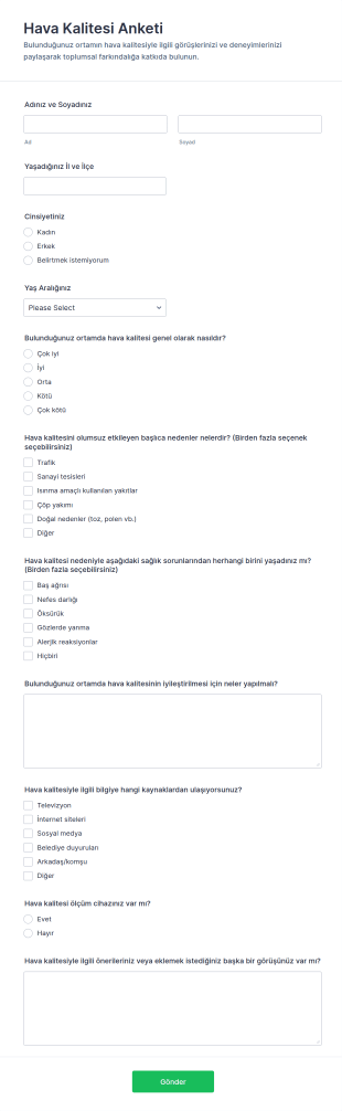 Hava Kalitesi Anketi Form Şablonu