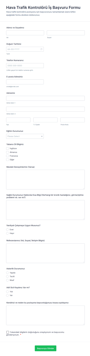 Hava Trafik Kontrolörü İş Başvuru Form Şablonu