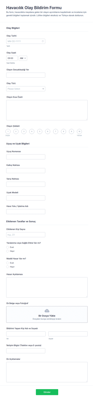 Havacılık Olay Bildirim Form Şablonu