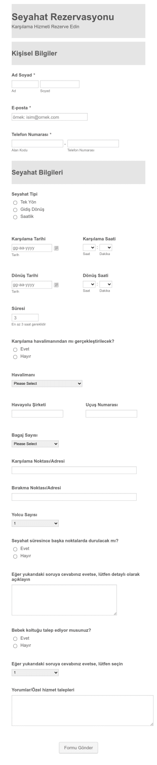 Havalimanı Karşılama Rezervasyon Form Şablonu