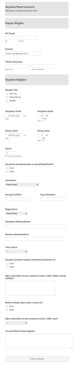 Havalimanı Karşılama Rezervasyon Form Şablonu
