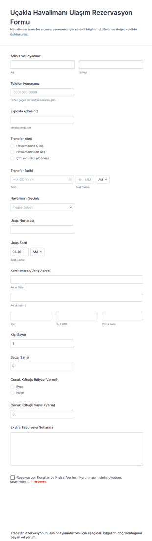 Havalimanı Transfer Rezervasyon Form Şablonu