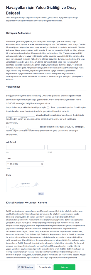 Havayolları Için Yolcu Gizliliği Ve Onay Belgesi Form Şablonu