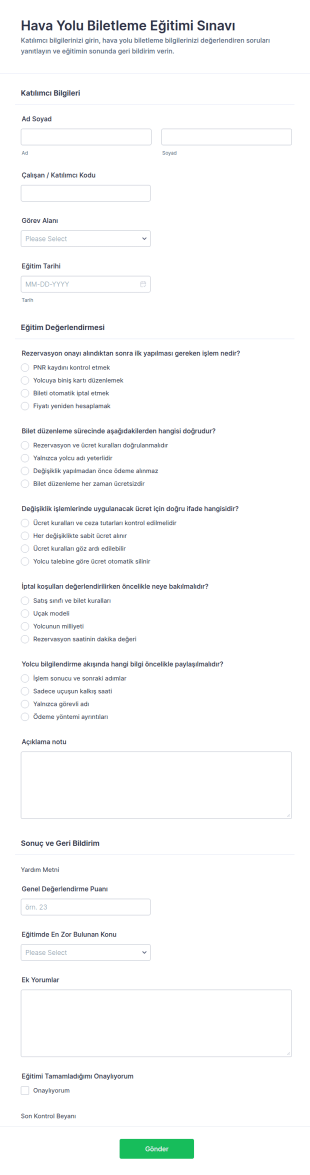 Havayolu Biletleme Eğitim Sınavı Form Şablonu