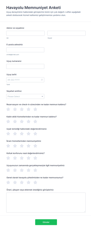 Havayolu Memnuniyet Anketi Form Şablonu
