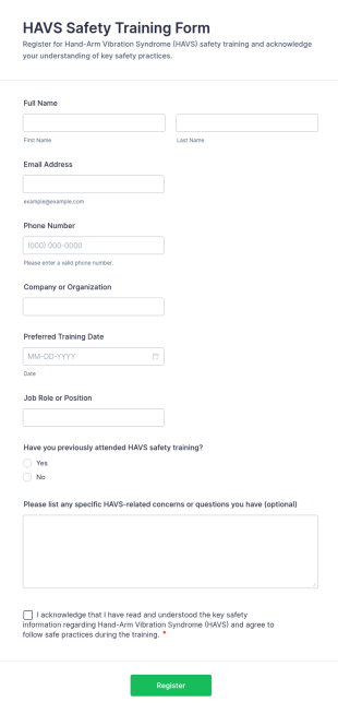 HAVS Safety Training Form Template