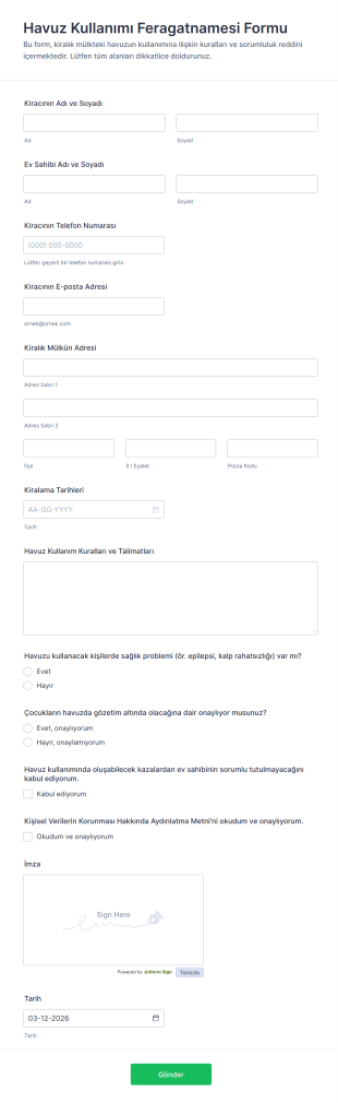 Havuz Kullanımı Feragatnamesi Form Şablonu