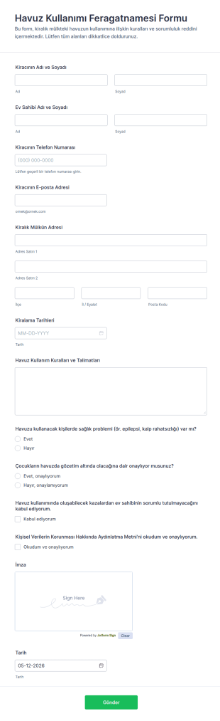 Havuz Kullanımı Feragatnamesi Form Şablonu