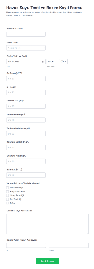 Havuz Suyu Testi Form Şablonu